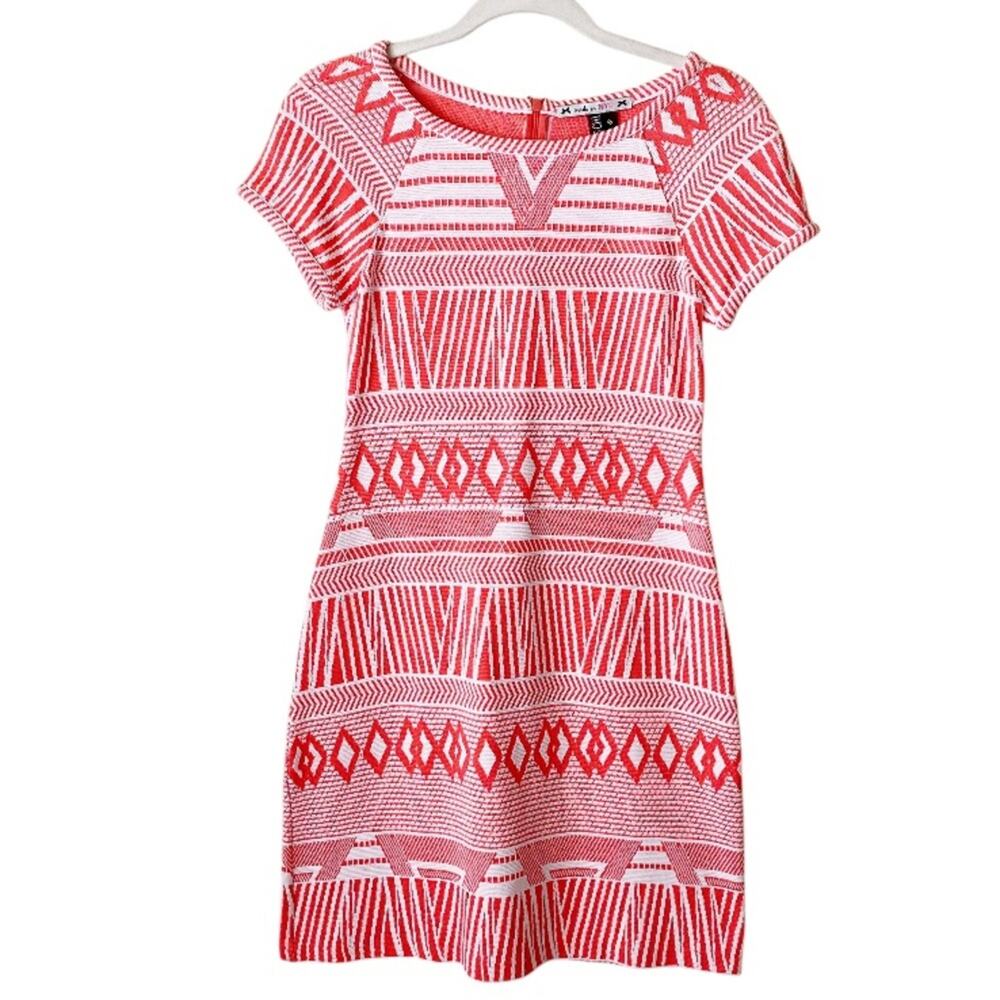 Yoana Baraschi Anthropologie | Geometric Stretchy Knit Dress Coral Orange Small